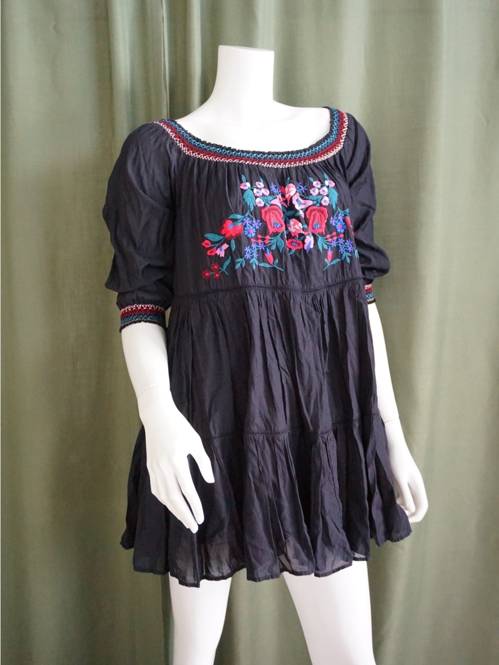 Free People Floral Embroidered Mini Shirred Black Cotton Dress - Size Medium